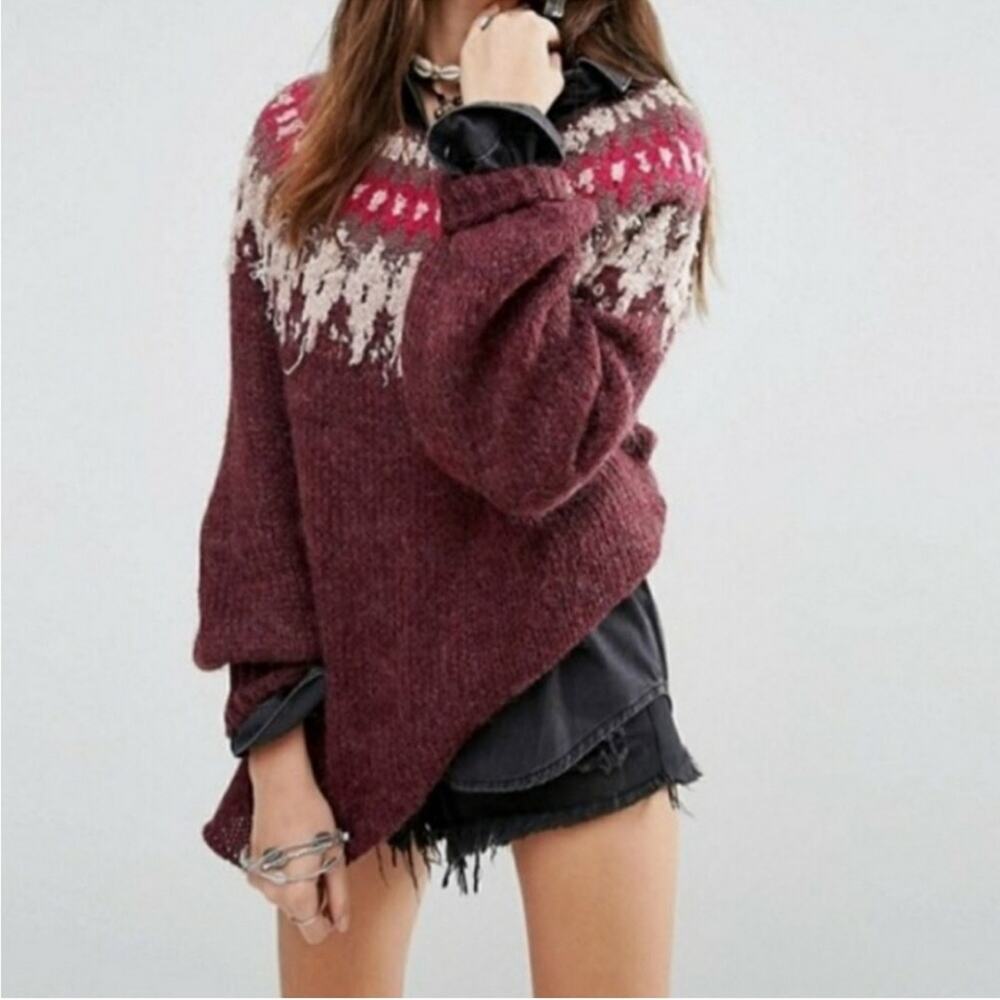 Free People Baltic Fair Isle maroon wool alpaca blend sweater size Small‎
